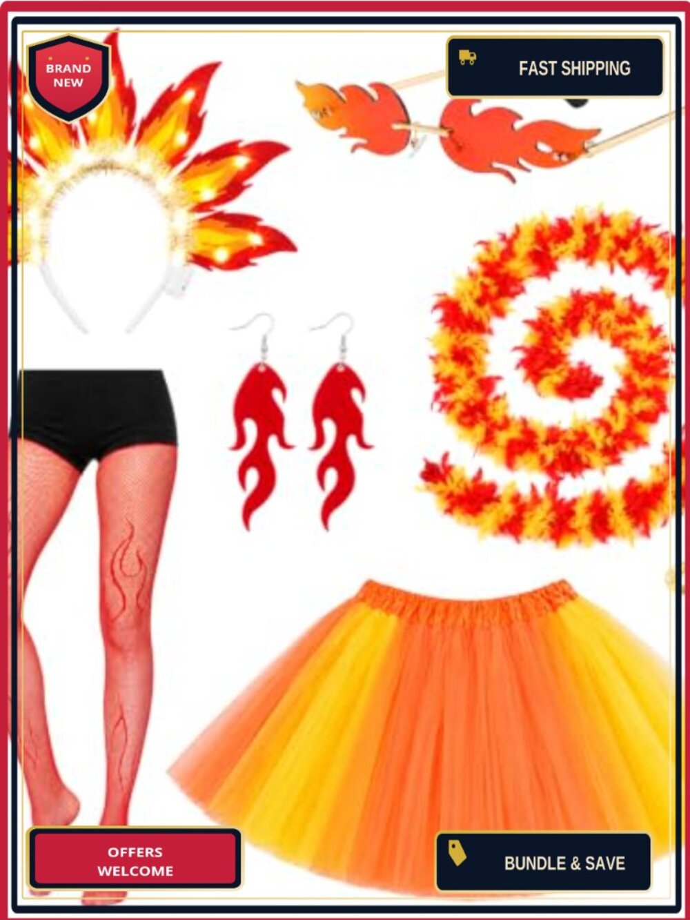 6 Piece Fire Flame Costume Set Headband Sunglasses Fishnet Boa Tulle Skirt